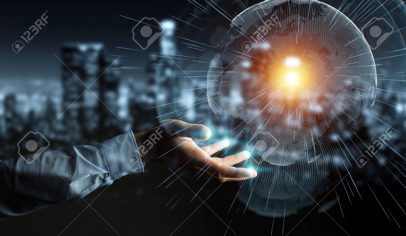 Flying earth network interface activated by businessman on blurred background 3D rendering - 84266591 Flying earth network interface activated by businessman on blurred background 3D rendering - 84266591