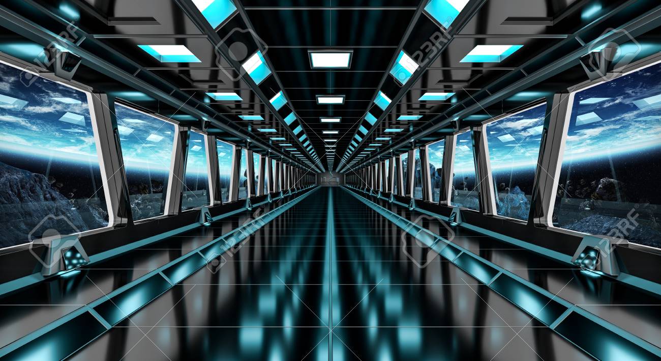 Nasa から提供されたこのイメージのスペースおよび惑星の地球 3 D レンダリング要素を望む黒い宇宙船の廊下 の写真素材 画像素材 Image 85020402