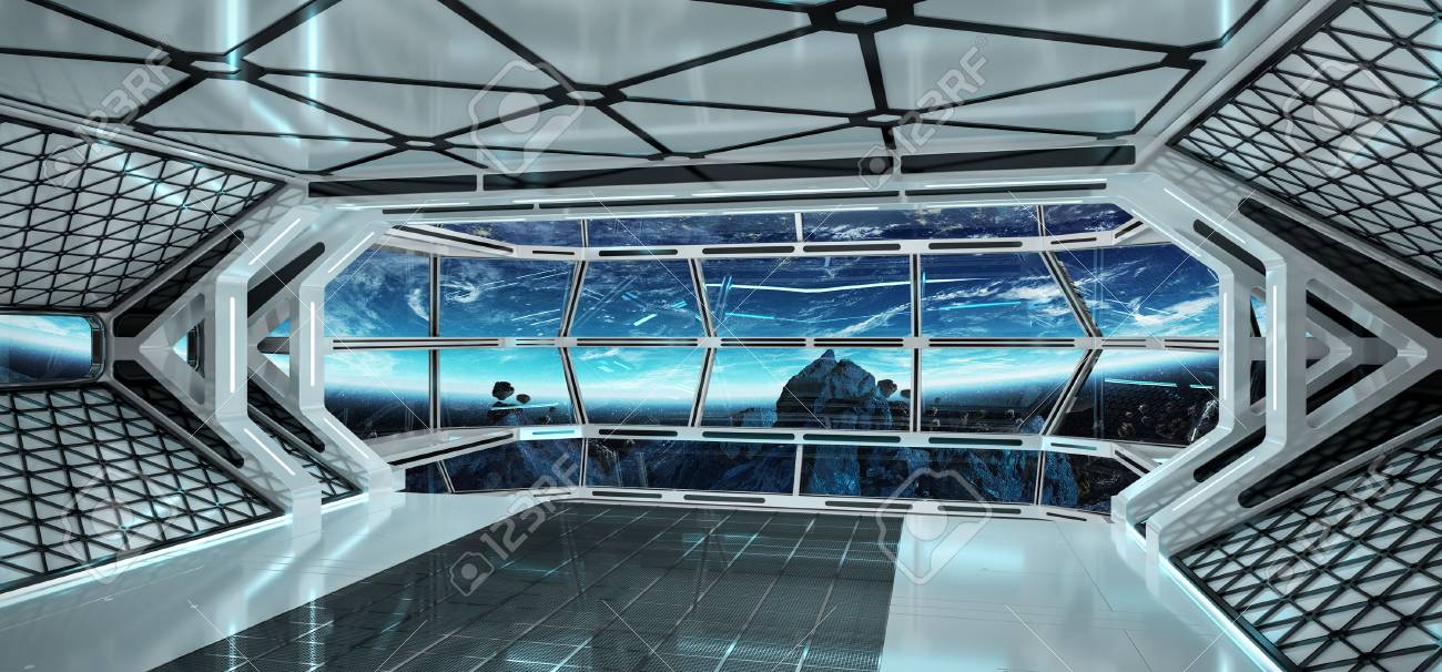 Spaceship bright interior with view on planet Earth 3D rendering - 88788093 Spaceship bright interior with view on planet Earth 3D rendering - 88788093
