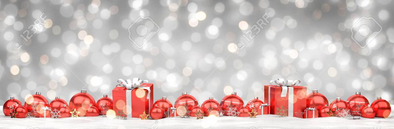 Boules De Noël Rouge Et Blanc Alignés Sur Fond Gris Enneigé 3d Rendu