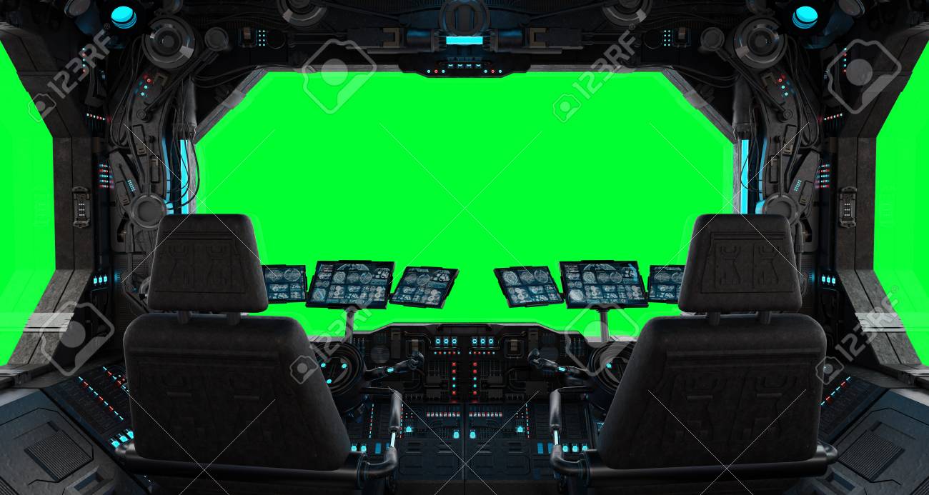 孤立した緑の窓に眺めを持つ宇宙船のグランジインテリア の写真素材 画像素材 Image