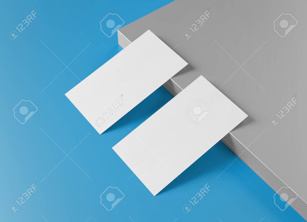 Download Two White Us Business Card Mockup Laying On Blue And Grey Background American Size Calling Card Front And Back Laying On Colored Surface 3d Rendering Fotos Retratos Imagenes Y Fotografia De Archivo