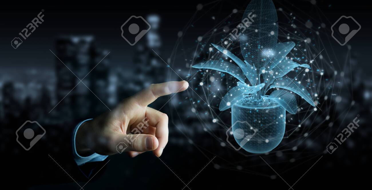 Man hand on dark background holding and touching holographic projection of a plant with digital analysis 3D rendering - 150453036 Man hand on dark background holding and touching holographic projection of a plant with digital analysis 3D rendering - 150453036