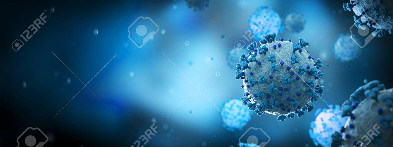 Microscopic close-up of the covid-19 disease. Blue Coronavirus illness spreading in body cell. 2019-nCoV analysis on microscope level 3D rendering - 150516848 Microscopic close-up of the covid-19 disease. Blue Coronavirus illness spreading in body cell. 2019-nCoV analysis on microscope level 3D rendering - 150516848