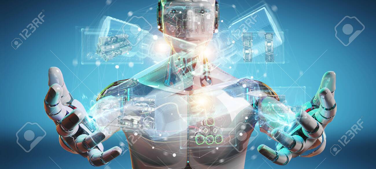 Robot on blurred background holding and touching green renewable energy battery 3D rendering - 150516853 Robot on blurred background holding and touching green renewable energy battery 3D rendering - 150516853