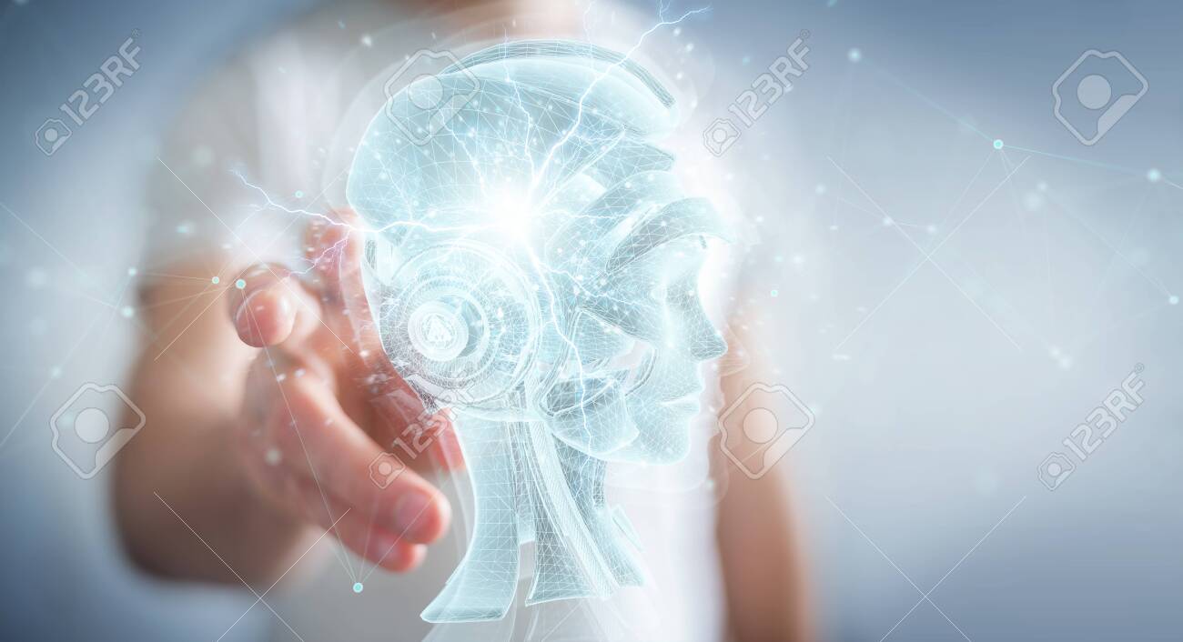 Man on blurred background using digital artificial intelligence holographic projection 3D rendering - 150516858 Man on blurred background using digital artificial intelligence holographic projection 3D rendering - 150516858