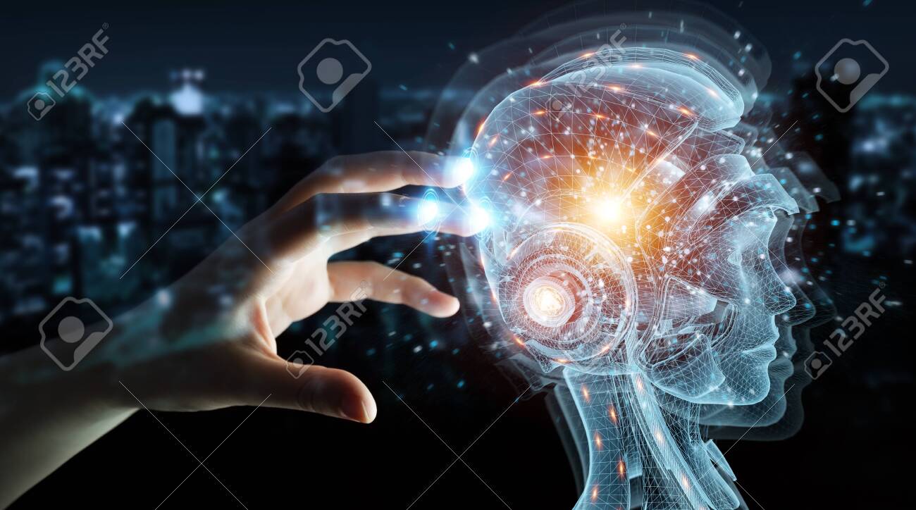 Man hand on dark background using digital artificial intelligence holographic projection 3D rendering - 150516882 Man hand on dark background using digital artificial intelligence holographic projection 3D rendering - 150516882