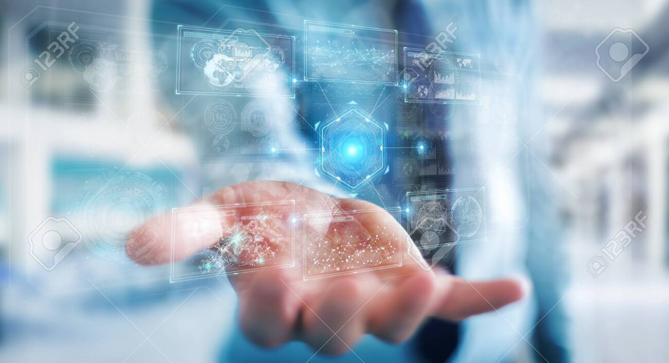 Businessman on blurred background using digital technological interface with datas 3D rendering - 150516883 Businessman on blurred background using digital technological interface with datas 3D rendering - 150516883