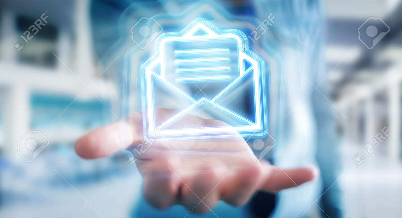 Man on blurred background using digital email blue holographic interface 3D rendering - 150517880 Man on blurred background using digital email blue holographic interface 3D rendering - 150517880