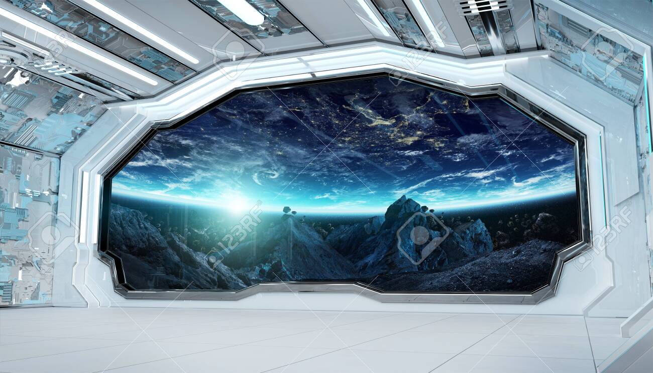 White blue spaceship futuristic interior with window view on space and planets 3d rendering - 150517881 White blue spaceship futuristic interior with window view on space and planets 3d rendering - 150517881