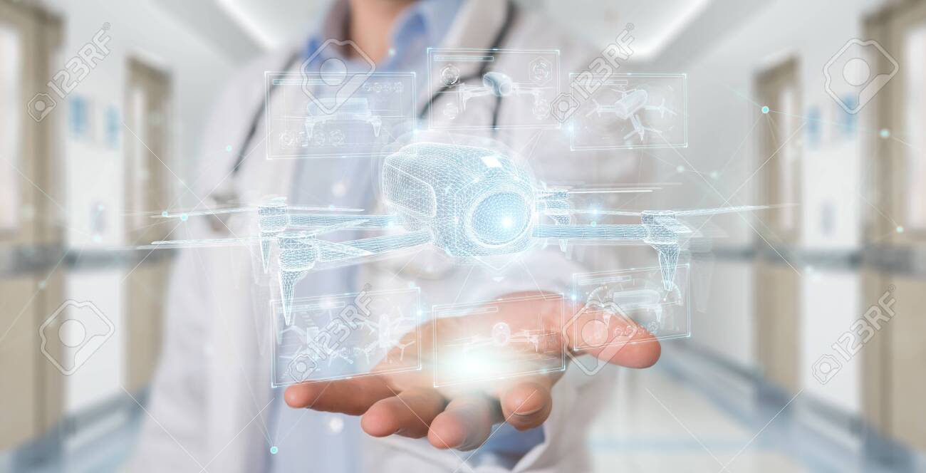 Scientist on blurred background holding and touching holographic drone projection with his hand 3D rendering - 150518016 Scientist on blurred background holding and touching holographic drone projection with his hand 3D rendering - 150518016