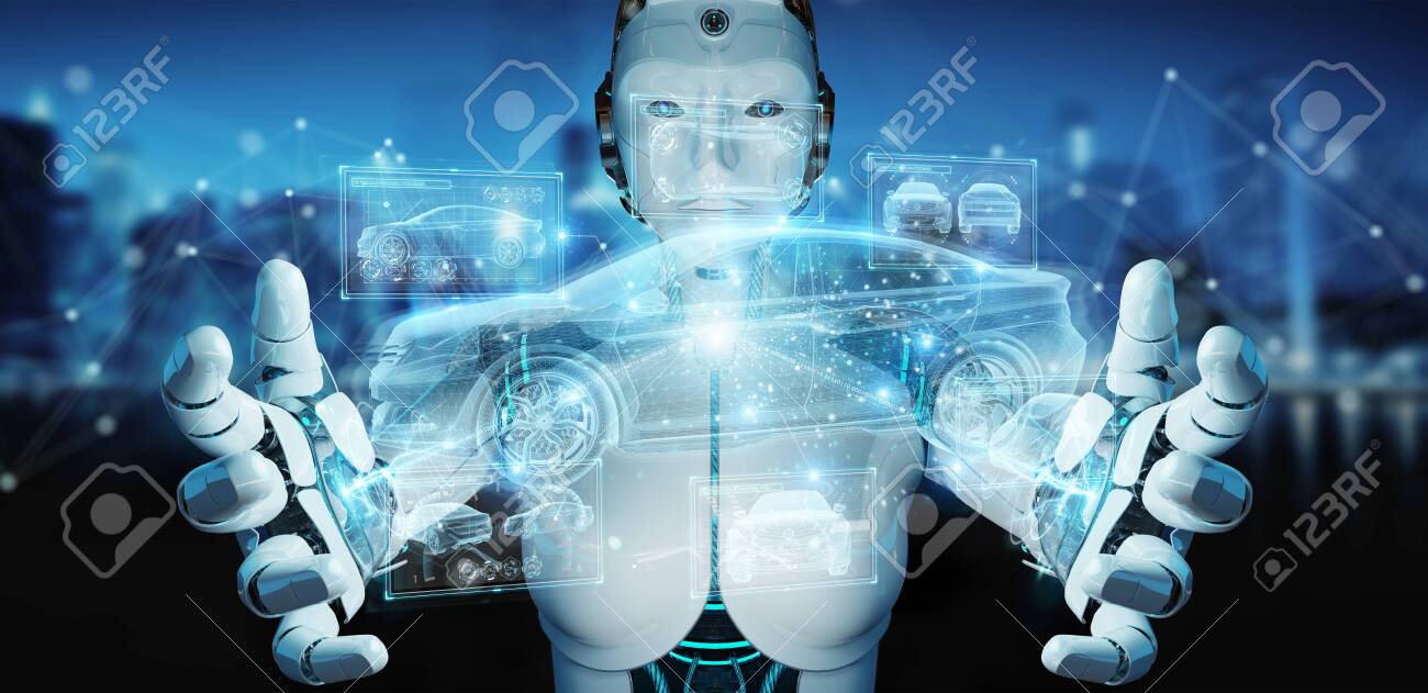 Robot on blurred background holding and touching holographic smart car interface projection 3D rendering - 150518065 Robot on blurred background holding and touching holographic smart car interface projection 3D rendering - 150518065