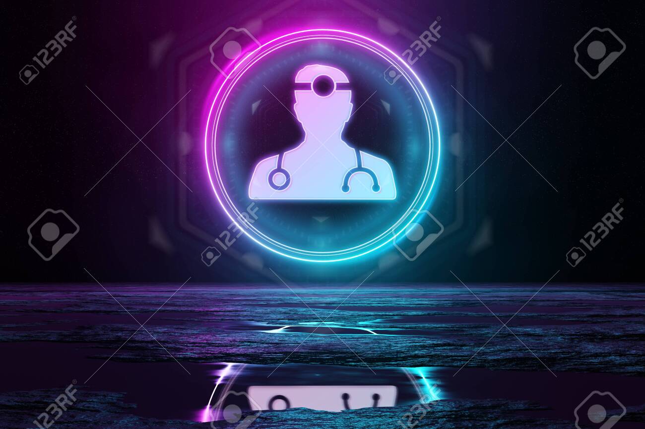 Digital medical holographic icon in circle illuminating the floor with blue and pink neon light 3D rendering - 150518070 Digital medical holographic icon in circle illuminating the floor with blue and pink neon light 3D rendering - 150518070