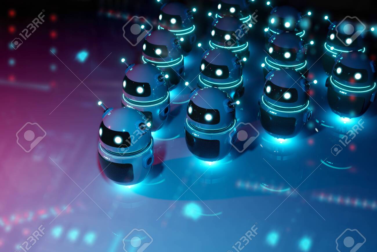 White chatbot robot leading robots group on dark bluish reddish background leadership chatbot concept 3D rendering - 150518154 White chatbot robot leading robots group on dark bluish reddish background leadership chatbot concept 3D rendering - 150518154