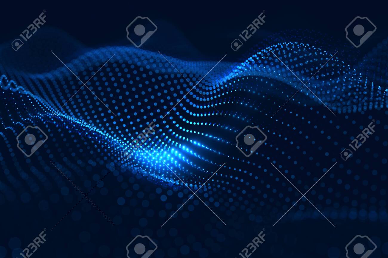 Moving neon blue dots pattern forming a digital network connection on dark background 3D rendering - 150451647 Moving neon blue dots pattern forming a digital network connection on dark background 3D rendering - 150451647