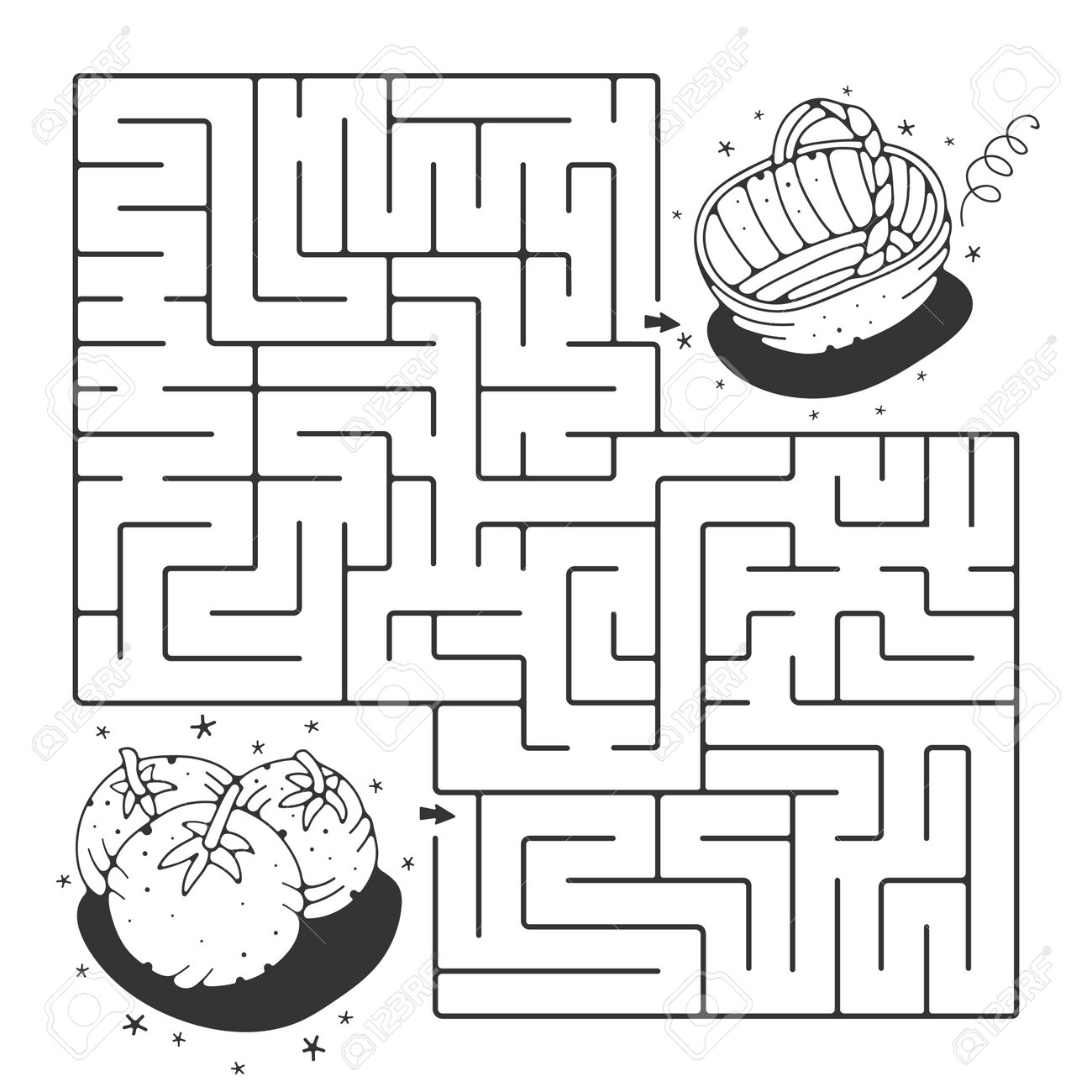 gambarememek 迷路ゲーム。バスケットに野菜を集める。子供のための面白い迷路。ベクターイラスト。のイラスト素材・ベクター Image 187506772