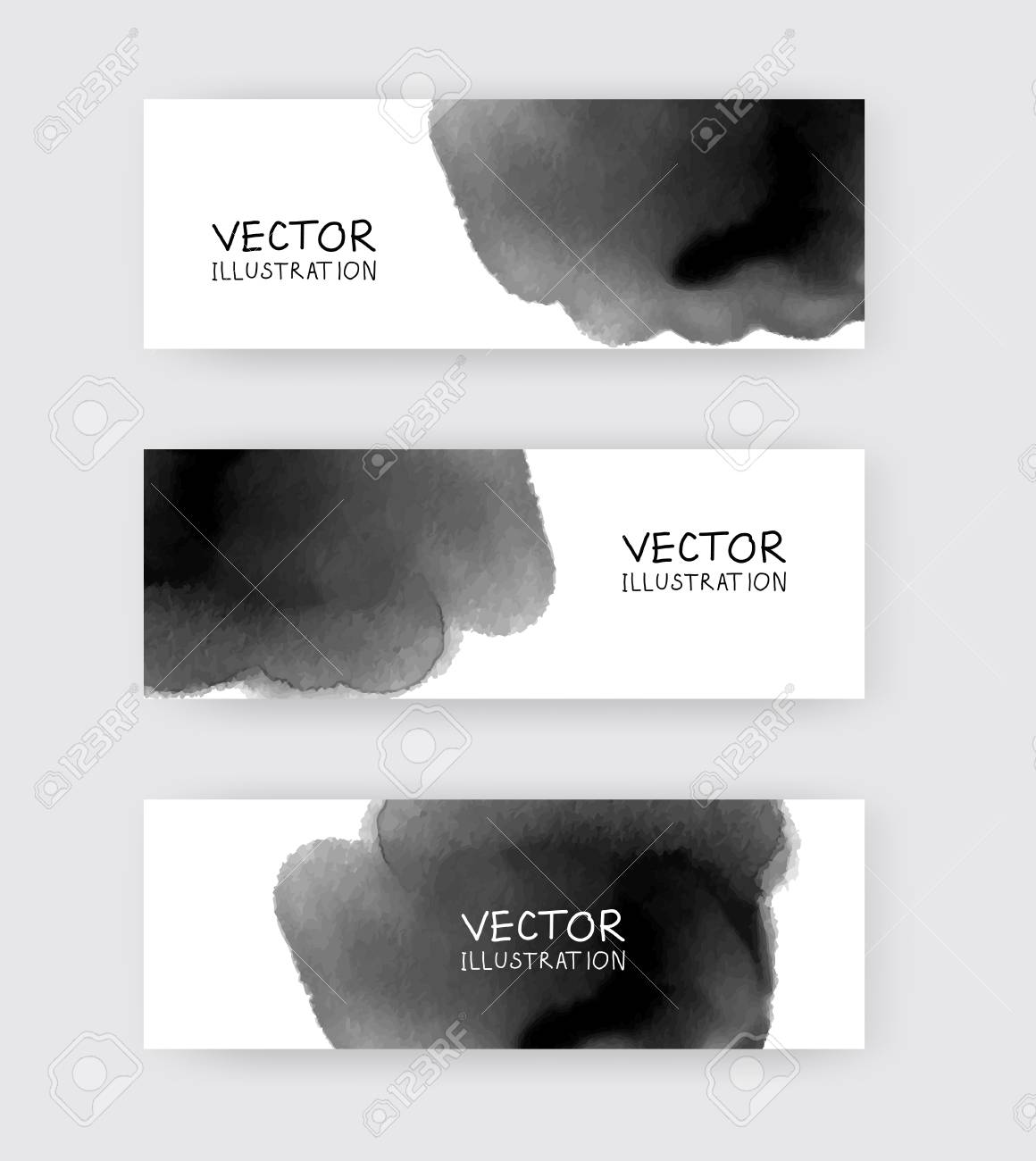 東アジア風の抽象的な黒インクウォッシュ塗装をセットしたブラックホワイトのバナー 水墨画の伝統的日本画抽象的なベクトルイラスト のイラスト素材 ベクタ Image