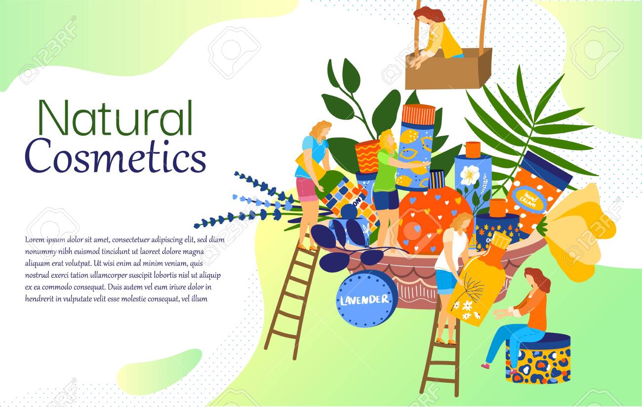 天然化粧品のコンセプト 女性のスキンケア製品 小さな人々の漫画のキャラクター ベクトルイラスト フェイシャルクリームオーガニック成分 ハーブオイル化粧品 女の子の衛生と肌の健康ショップ のイラスト素材 ベクタ Image