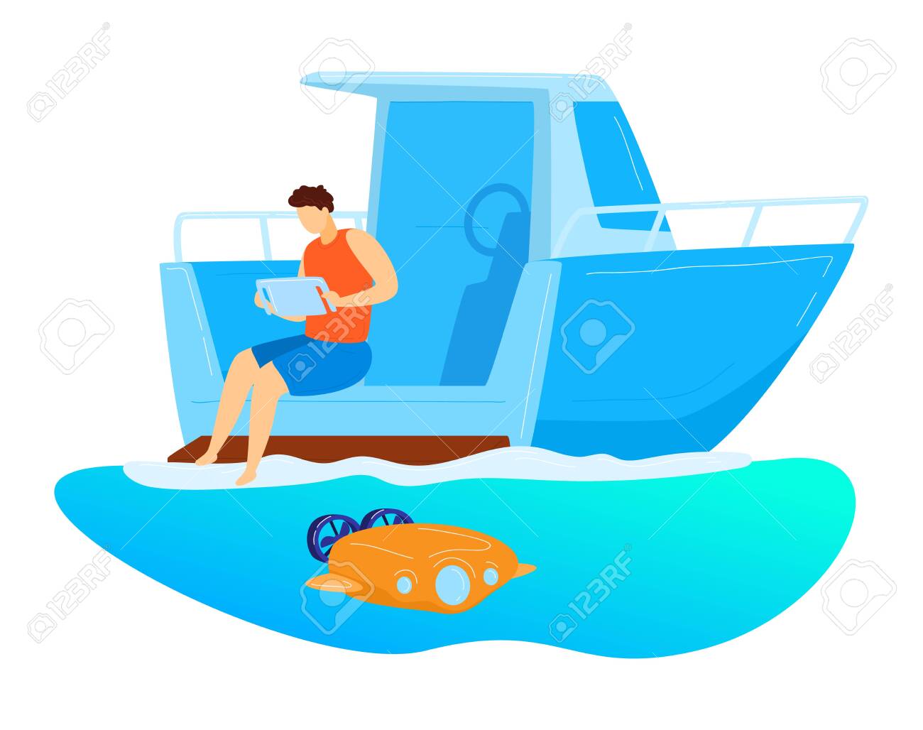 Male sitting yacht, remote control underwater drone, character male research ocean bottom isolated on white, cartoon vector illustration. - 149417125 Male sitting yacht, remote control underwater drone, character male research ocean bottom isolated on white, cartoon vector illustration. - 149417125