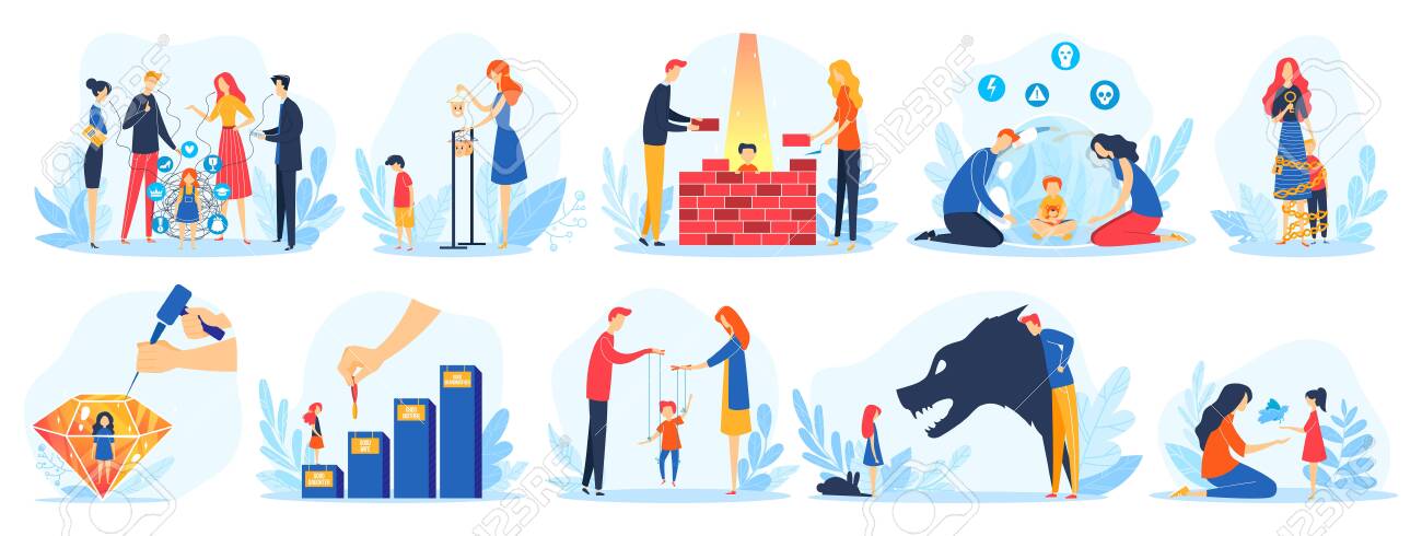 Parents And Children Parenting Problems Vector Illustration Set Cartoon Father Mother Characters Have Problematic Communication With Child Royalty Free Cliparts Vectors And Stock Illustration Image