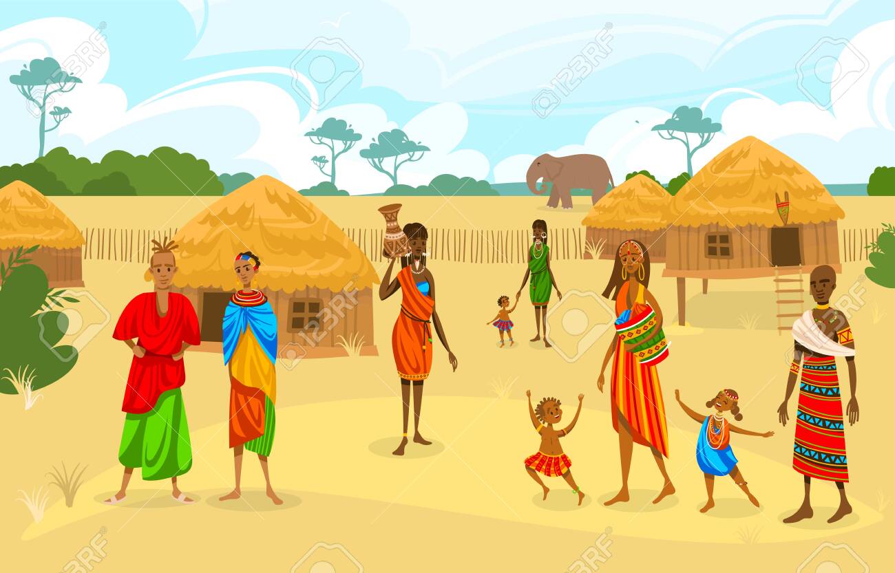 Tribe Ethnic People In Africa Flat Vector Illustration, Cartoon African  Woman With Jug, Family Characters Standing Near Huts Houses Royalty Free  SVG, Cliparts, Vectors, and Stock Illustration. Image 152639974., image size:1300x833