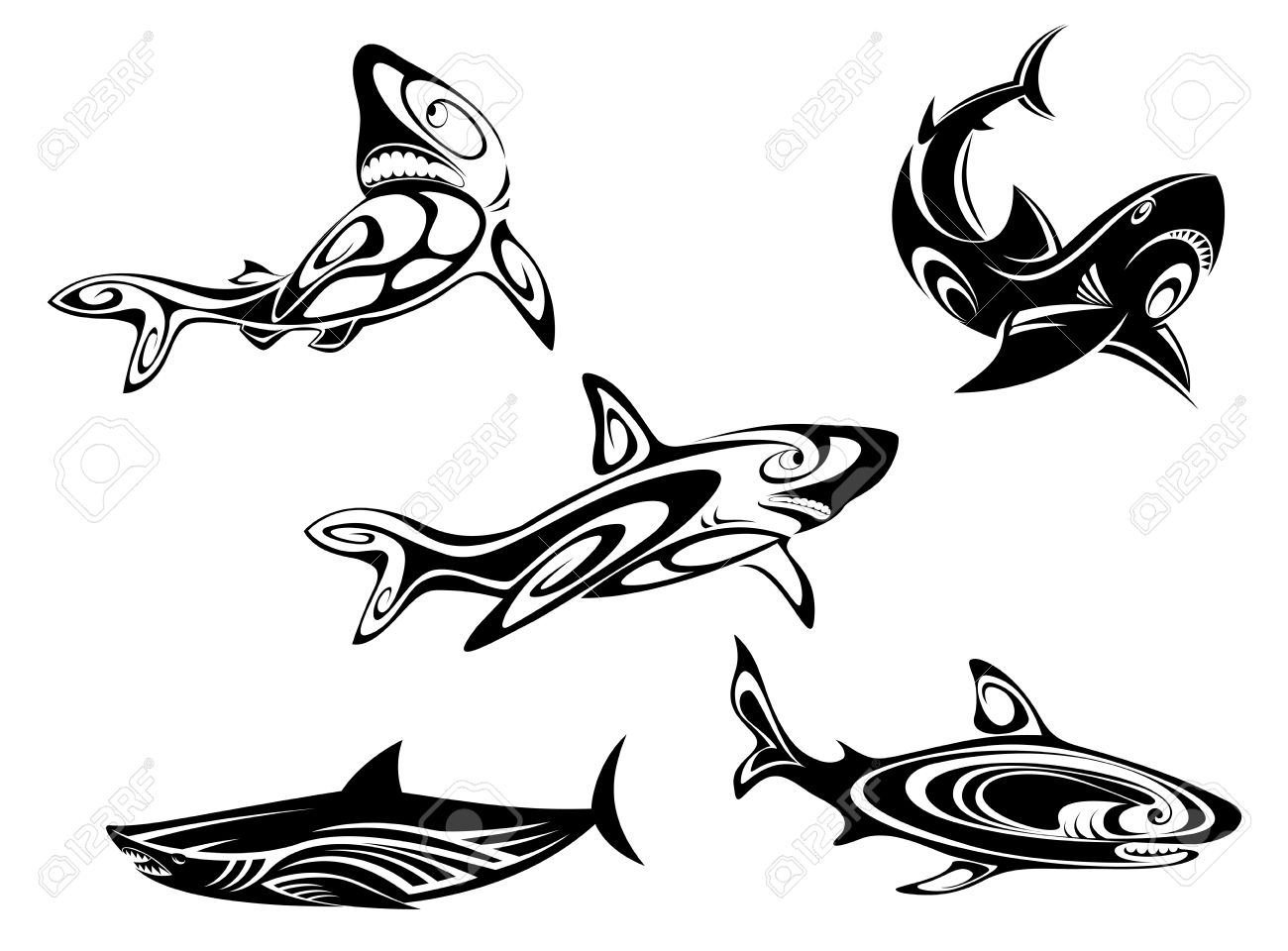 set of shark tattoos in tribal style isolated on white background set of shark tattoos in tribal style isolated on white background