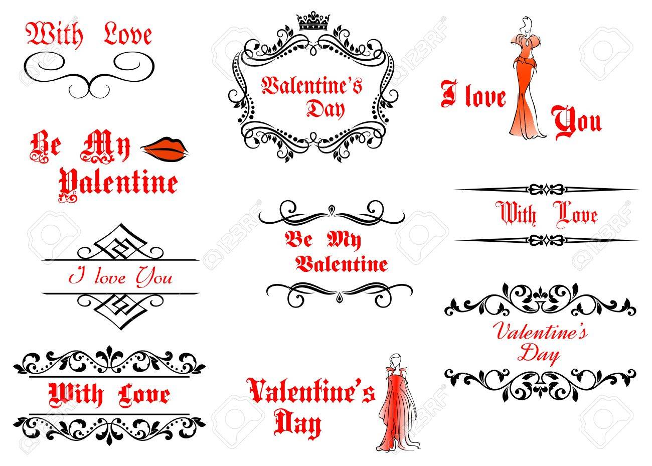 バレンタイン メッセージと書道要素集合の見出しのイラスト素材 ベクタ Image