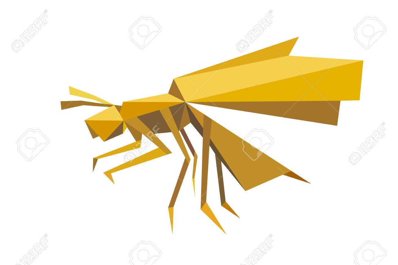 折り紙のスタイルで飛んでいる蜂昆虫から成る幾何学的要素とアンテナ オープンの翼および 6 本の脚を持つ図形白で隔離されるブラウンの色合いで のイラスト素材 ベクタ Image