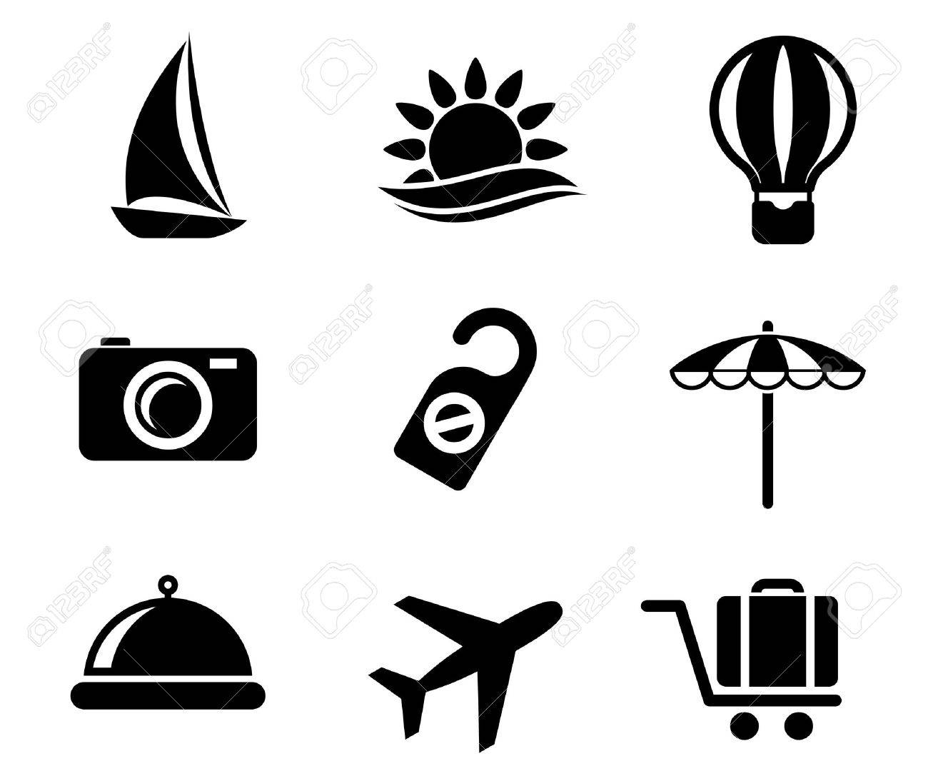 ヨット 熱気球 熱帯の太陽 カメラ ビーチ パラソル 食べ物 飛行機を描いた白と黒の旅行と観光のアイコンのセットです 荷物や記号を邪魔しないでくださいの イラスト素材 ベクタ Image