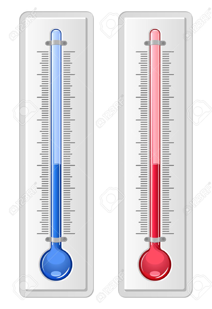 2 つの温度計は 1 つの赤ホット 1 つ青寒い 1 つ 両方 測定 夏と冬の温度 白で隔離される水銀の同じレベルを示す のイラスト素材 ベクタ Image 26541212