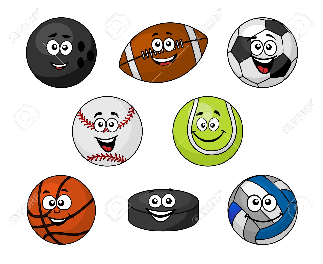 Reihe Von Comic Sportgerate Mit Einer Bowlingkugel Rugby Oder Fussball Fussball Cricket Ball Tennisball Basketball Volleyball Und Hockey Puck Mit Lachelnden Gesichtern Vektor Illustration Auf Weiss Lizenzfrei Nutzbare Vektorgrafiken Clip Arts