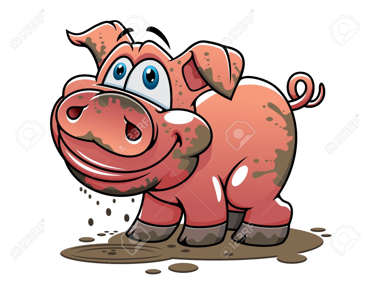 かわいい小さな泥漫画ピグレット ピンクまたはファームと農業の工業デザインのための泥の滴下巻き毛の尾とうれしそうな笑い豚 のイラスト素材 ベクタ Image