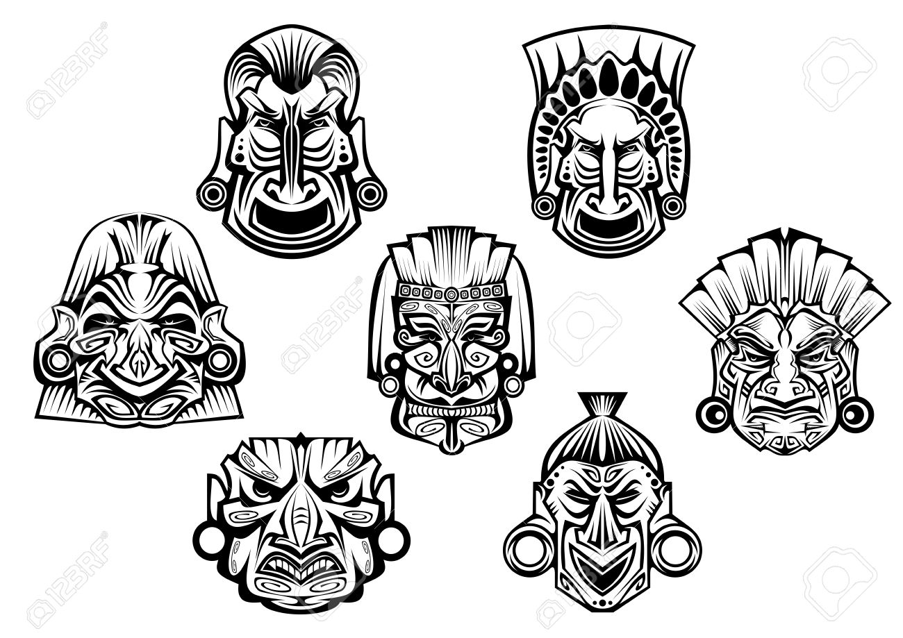religious masks in ancient tribal style isolated on white for