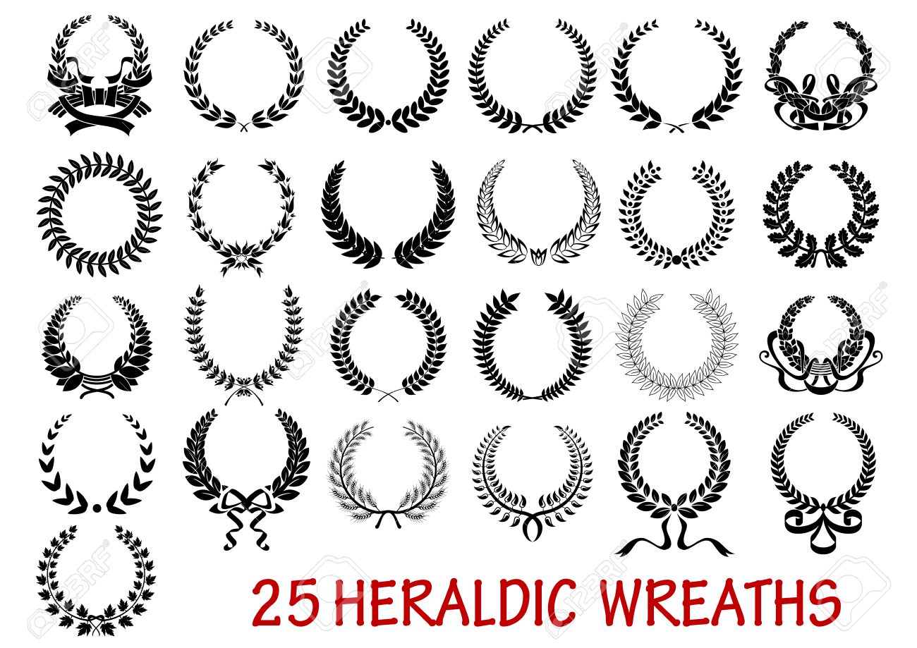 Retro Lorbeerkranz Heraldische Symbole Mit Bandern Und Lorbeerblatt Branche Gesetzt Isoliert Auf Weissem Hintergrund Lizenzfrei Nutzbare Vektorgrafiken Clip Arts Illustrationen Image