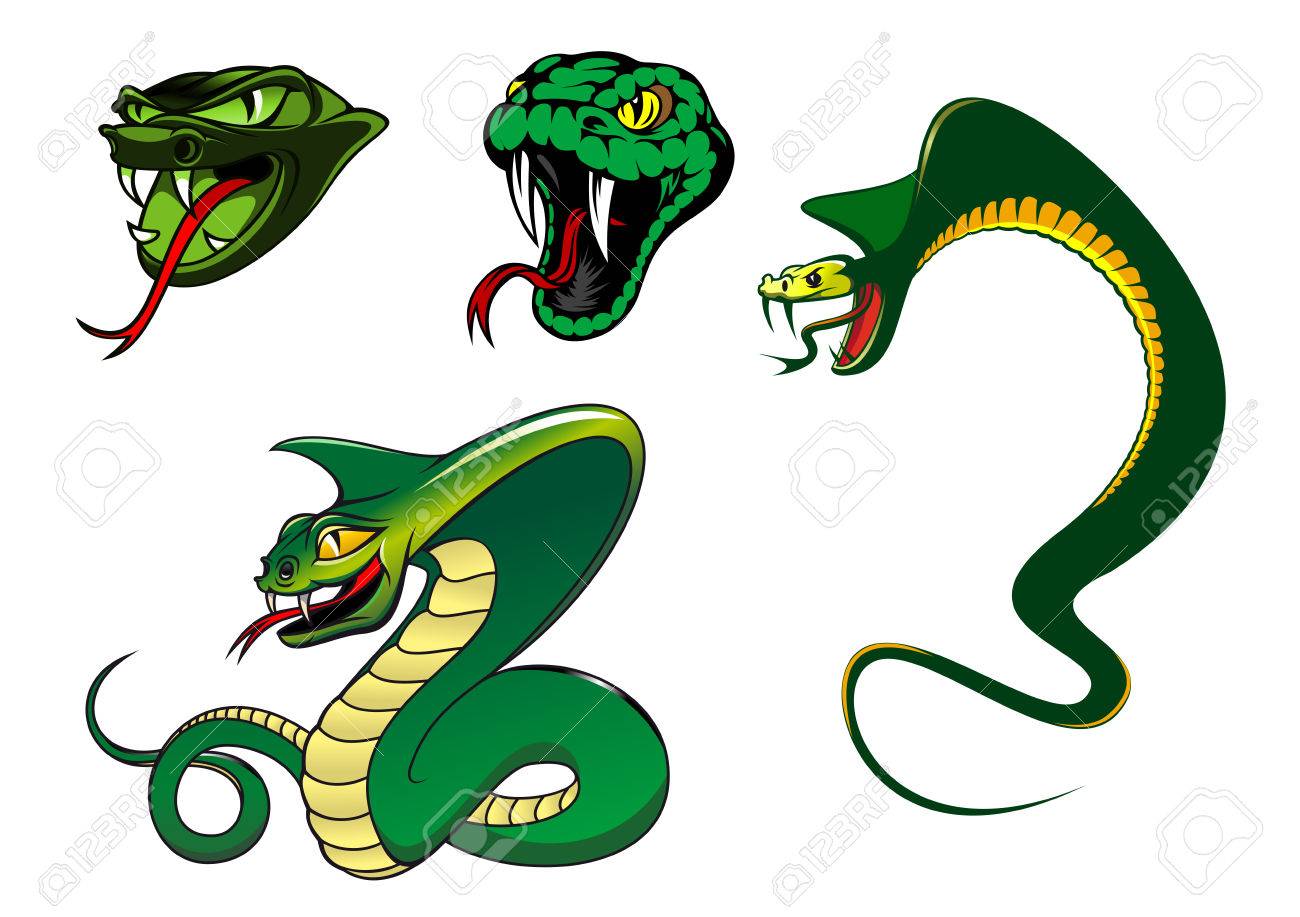 personajes de dibujos animados de serpientes furiosas verde para los