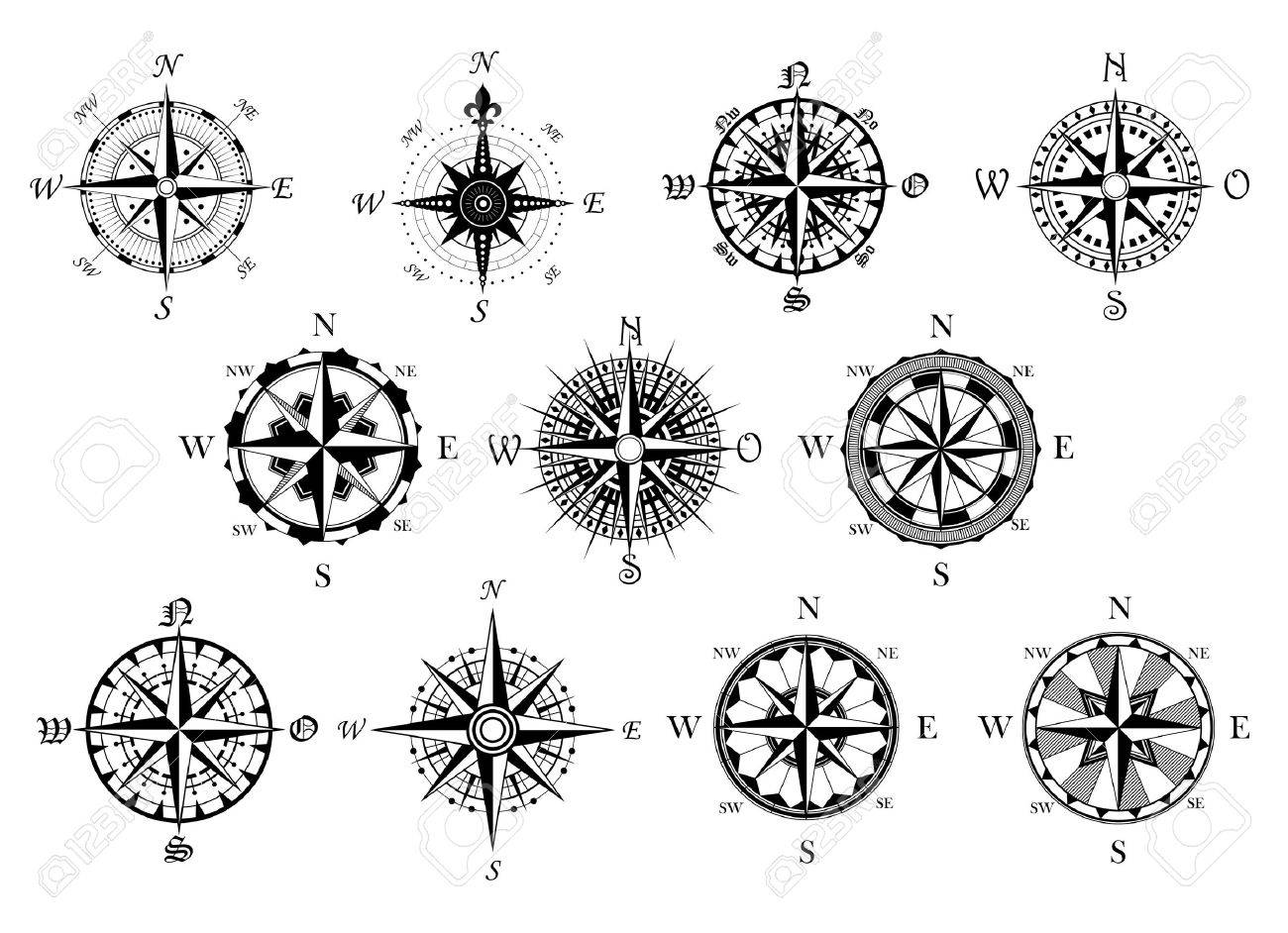 Vector Antique Compasses With Ornate Dials For Use As Design Elements In  Vintage Or Retro Nautical And Marine Concepts, Black And White Royalty Free  SVG, Cliparts, Vectors, and Stock Illustration. Image 32712552., image size:1300x942