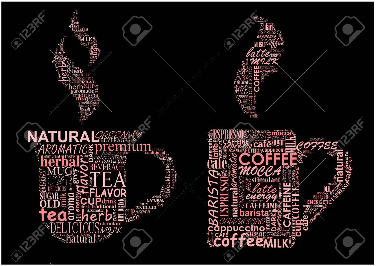カップの熱い湯気のコーヒー 紅茶各飲み料に黒っぽい背景に係る各種の言葉でテキストの雲から形成されました のイラスト素材 ベクタ Image