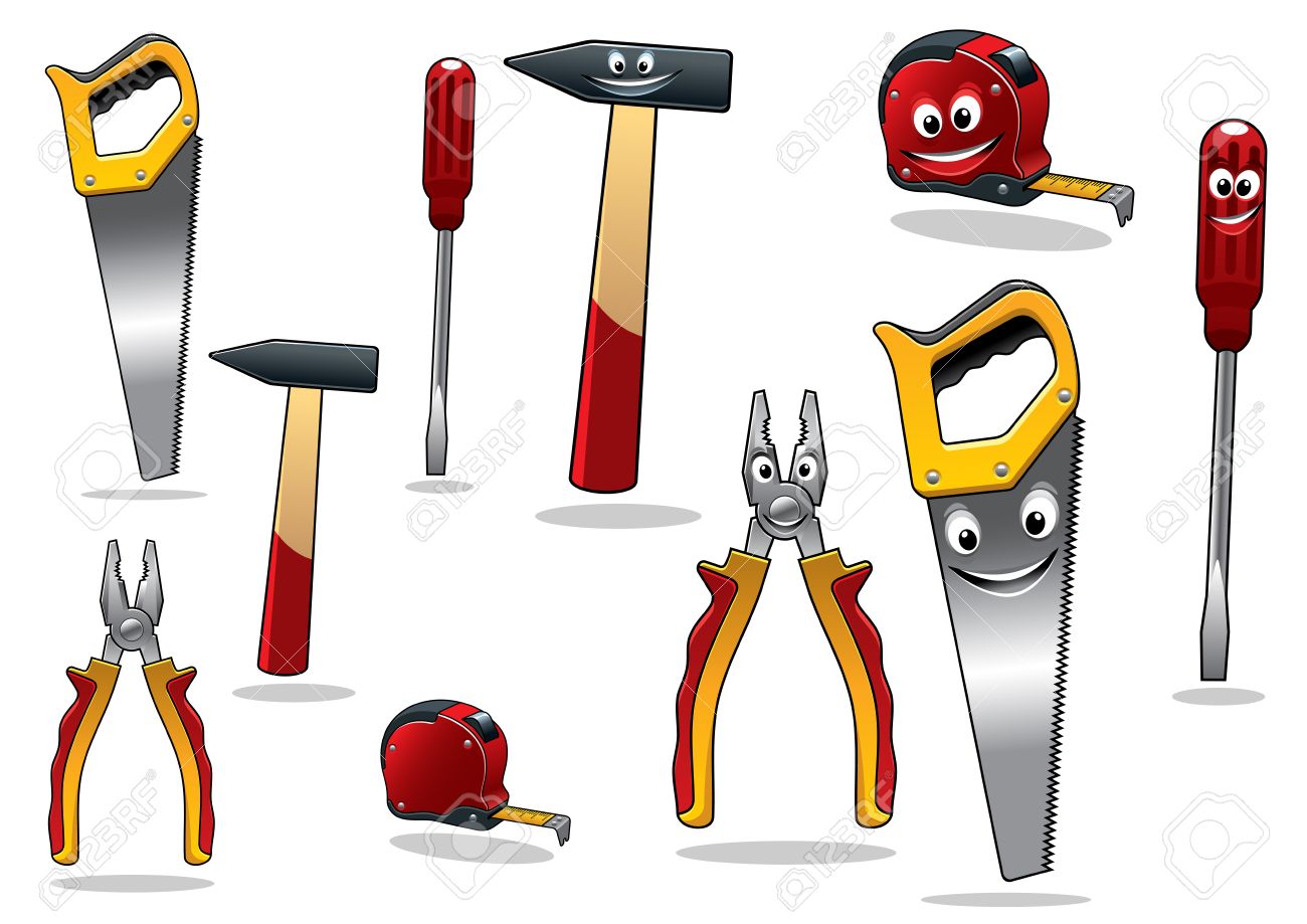 Un Ensemble D Outils De Dessin Anime De Bricolage Avec Un Ruban Une Pince Un Marteau Une Scie Et Un Tournevis Avec Visages Souriants Illustration Isole Sur Blanc Clip Art Libres De Droits