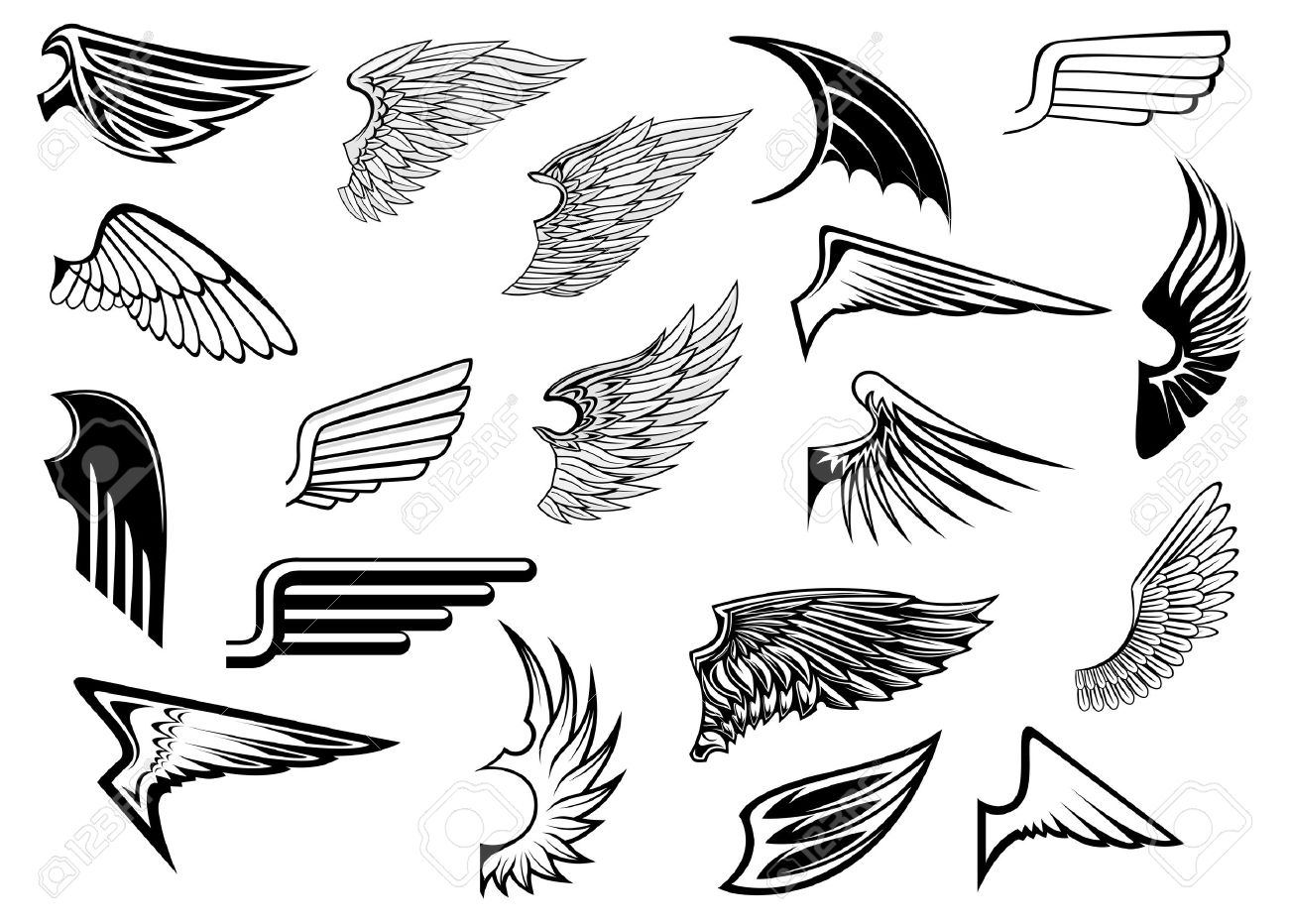 heraldic vintage birds anfd angel wings set for tattoo heraldry