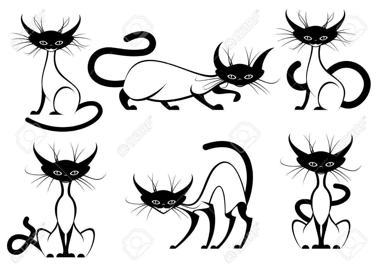 Jeu De Chats élégants Vecteur De Bande Dessinée En Noir Et Blanc Avec Des Têtes Noires Les Pieds Et La Queue Dans Diverses Poses