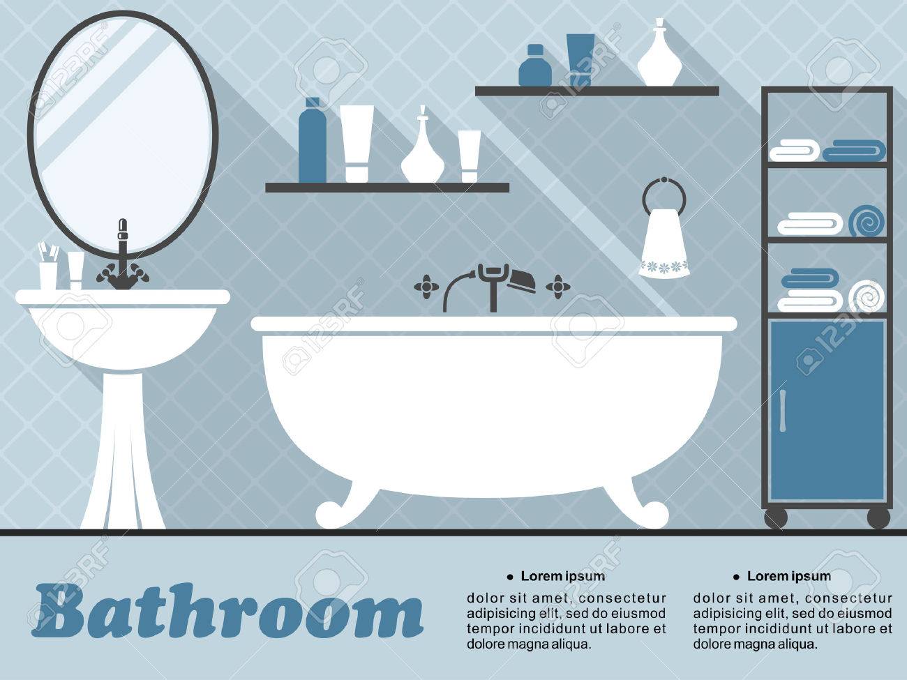 Cuarto De Baño En Estilo Plano Con Bañera, Espejo, Lavabo, Estantes ... Cuarto De Baño En Estilo Plano Con Bañera, Espejo, Lavabo, Estantes ...