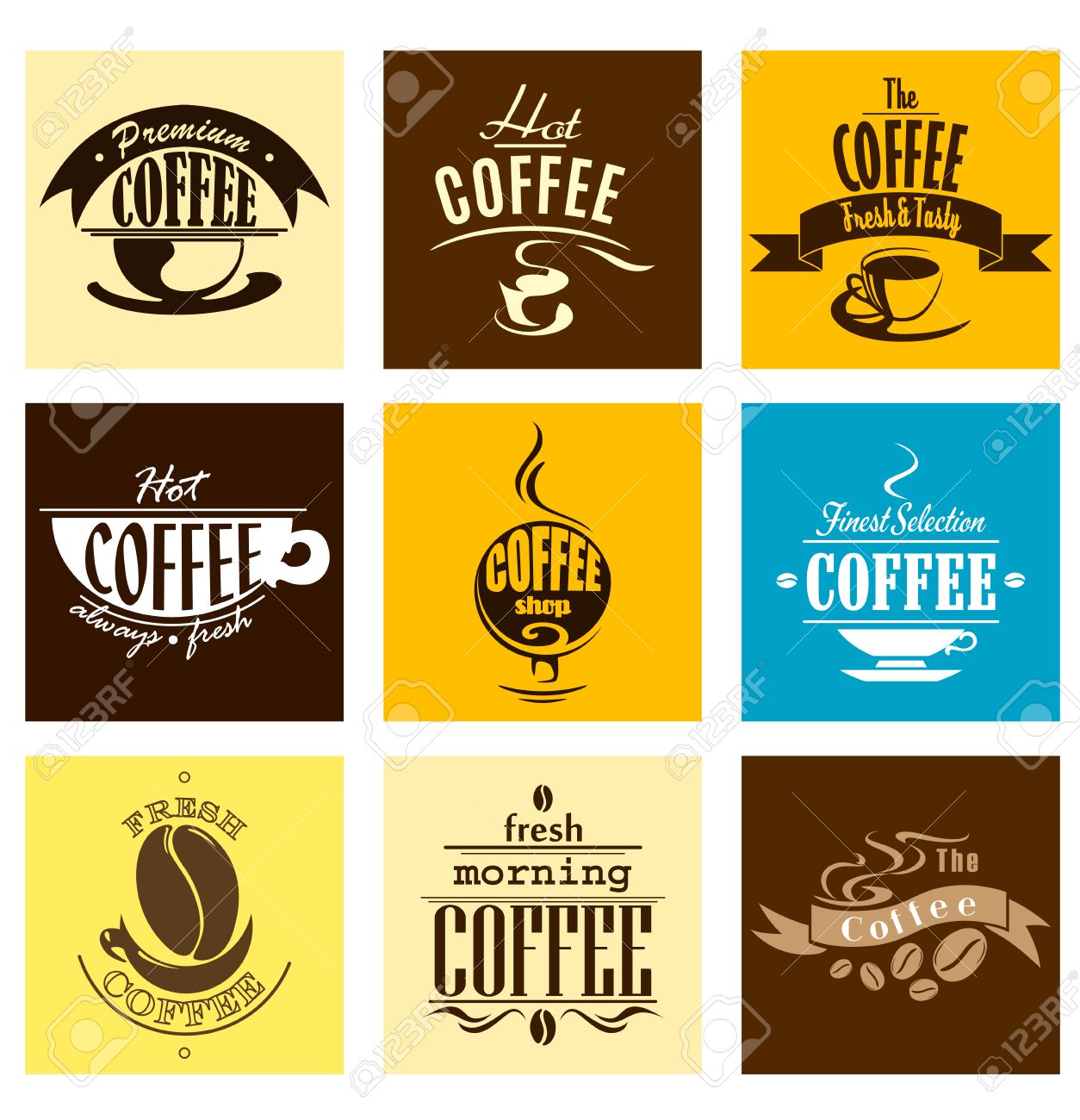 カップのコーヒーとコーヒー ショップ カフェ レストランのメニューのデザインのための黄色 茶色 青の背景に芳香族コーヒー豆の湯気で簡単バナー のイラスト素材 ベクタ Image