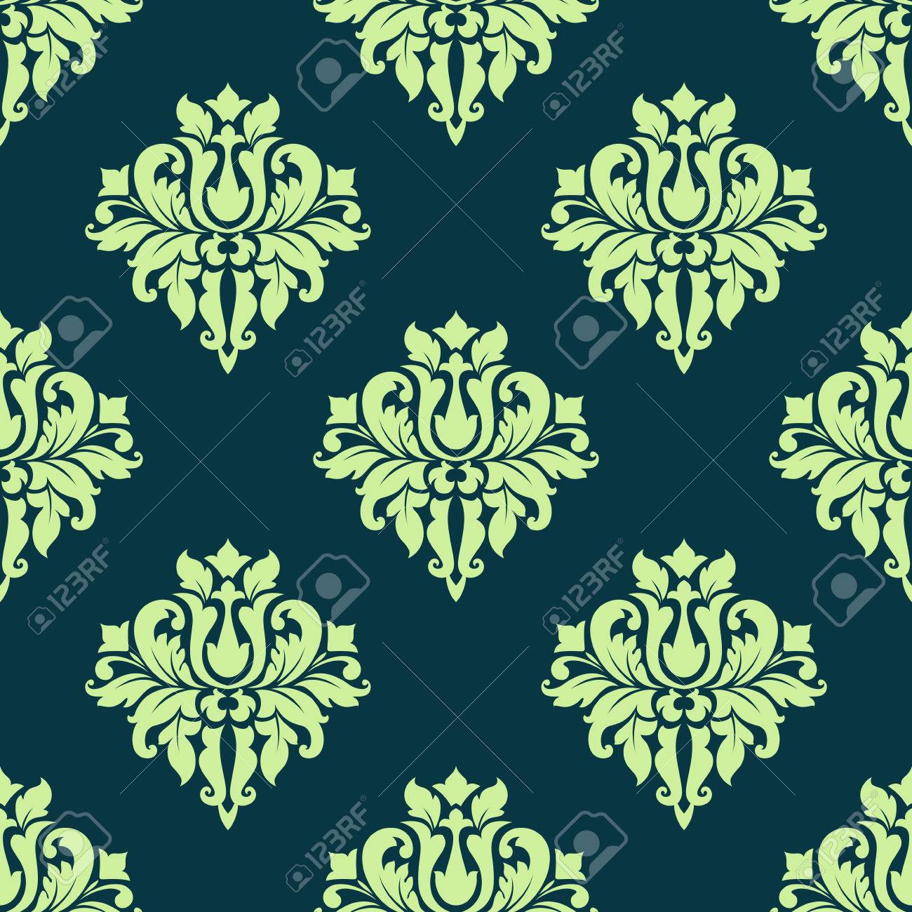 Seamless green colored flourish pattern of vintage damask tracery with elegant lush flowers for luxury wallpaper and fabric design - 35531481 Seamless green colored flourish pattern of vintage damask tracery with elegant lush flowers for luxury wallpaper and fabric design - 35531481