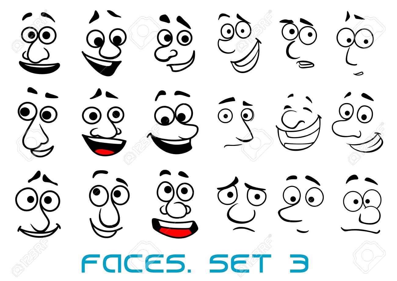 Cartoon Grimaces Dans Le Style De Dessin Doodle Avec Bonheur Joyeux Triste Malheureux Surprendre émotions Pour Avatar Ou Comics Conception