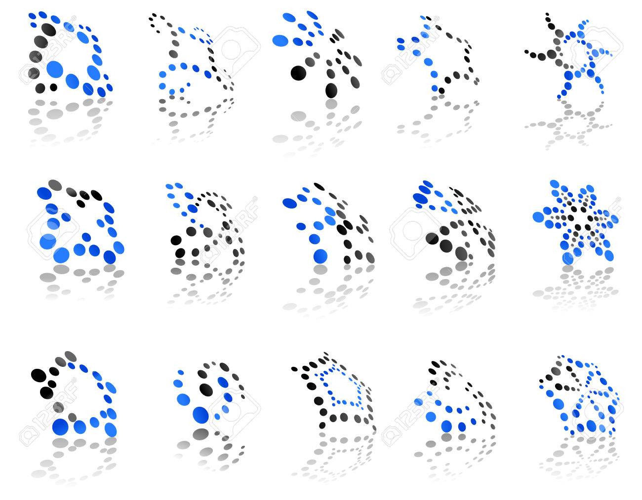 abstract icons with blue and grey dots in different shapes all