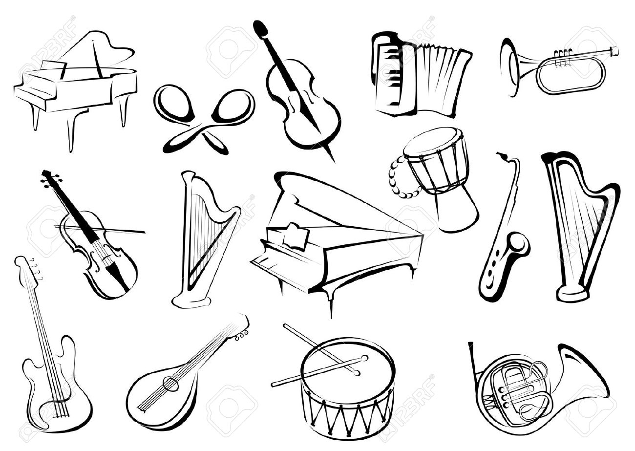 ピアノ カスタネット バイオリン トランペット ホルン ギター ドラム ハープとサックスのスケッチ スタイルで楽器アイコンの大規模なセット のイラスト素材 ベクタ Image