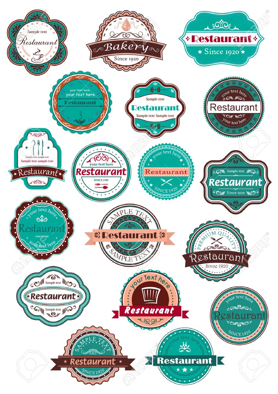 カップ コーヒー シェフ帽子 ケーキ フォーク スプーン ナイフのビンテージ ブルー 茶色 ピンク色のスタイリッシュな組み合わせでレトロなレストラン パン屋さんのラベル のイラスト素材 ベクタ Image