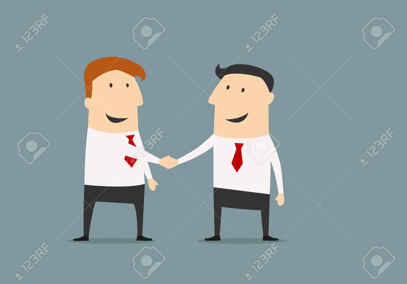 Cartoon businessman shaking hands congratulating each other with successful deal in flat style for business partnership concept design - 36610224 Cartoon businessman shaking hands congratulating each other with successful deal in flat style for business partnership concept design - 36610224