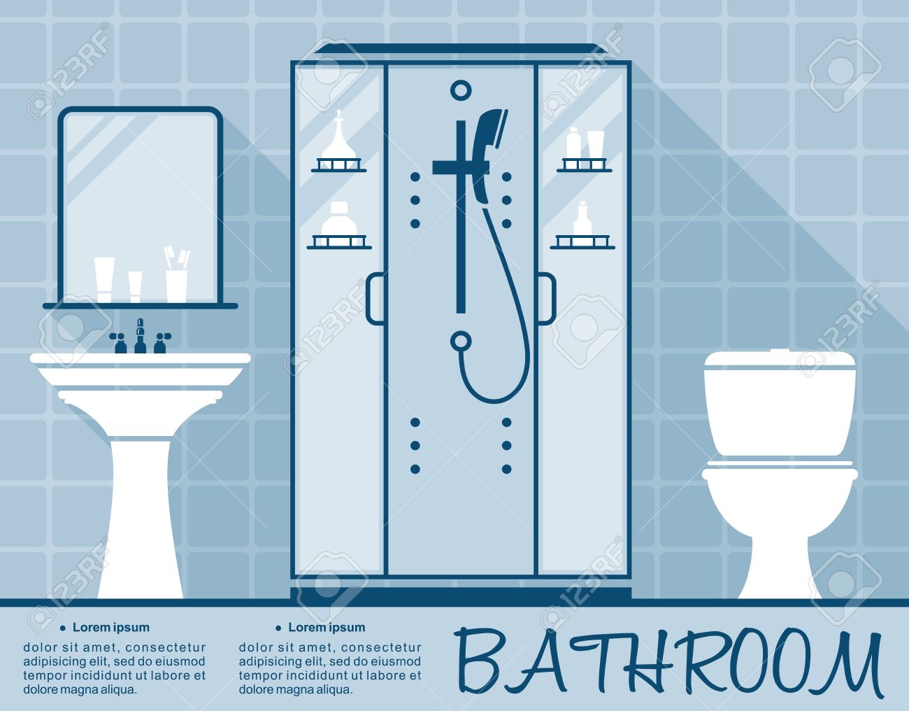 bathroom design infographic template in flat style in shades of blue of a bathroom interior with - Bathroom Design Template bathroom design infographic template in flat style in shades of blue of a bathroom interior with - Bathroom Design Template
