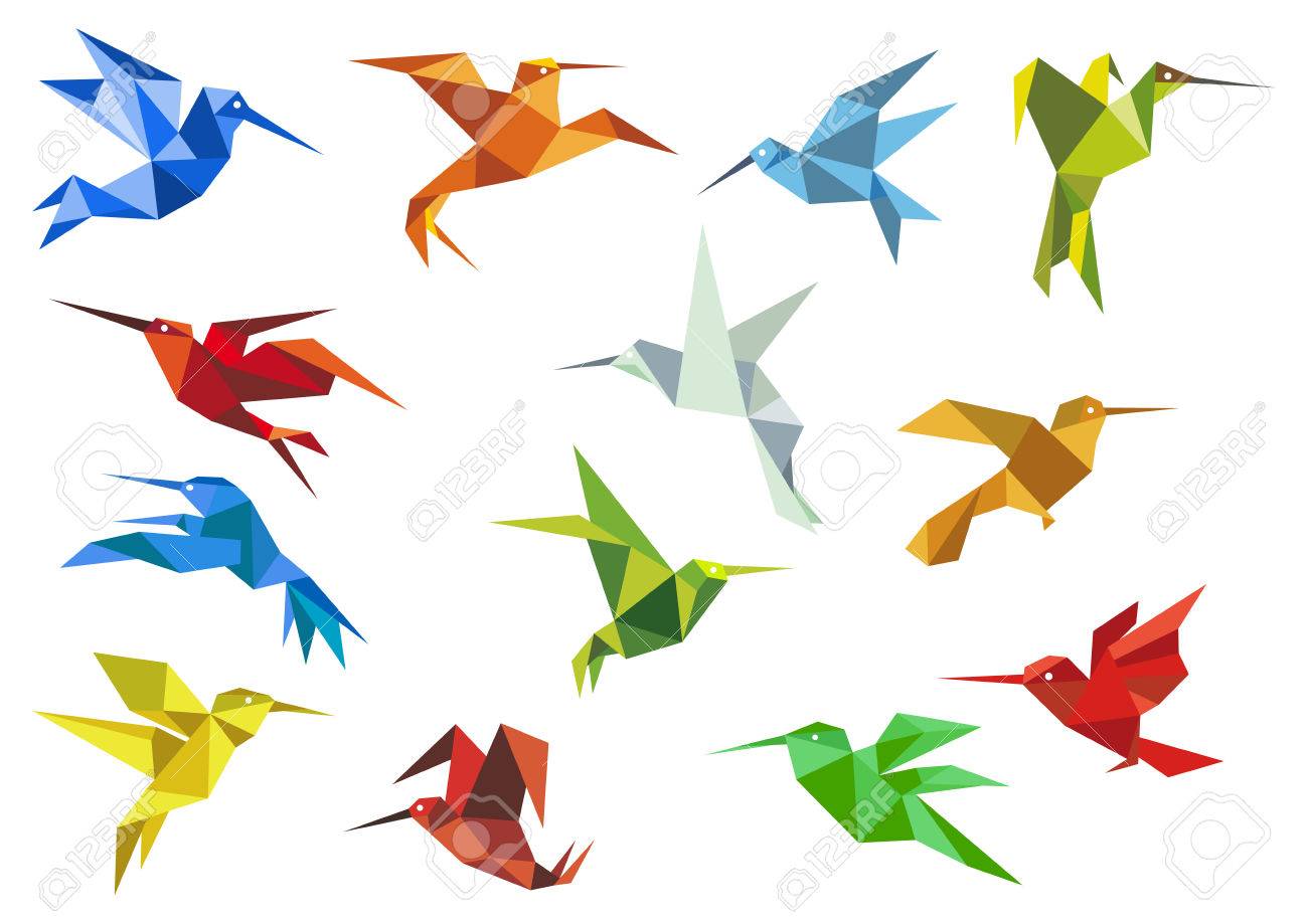 origami paper hummingbirds design elements with flying colorful